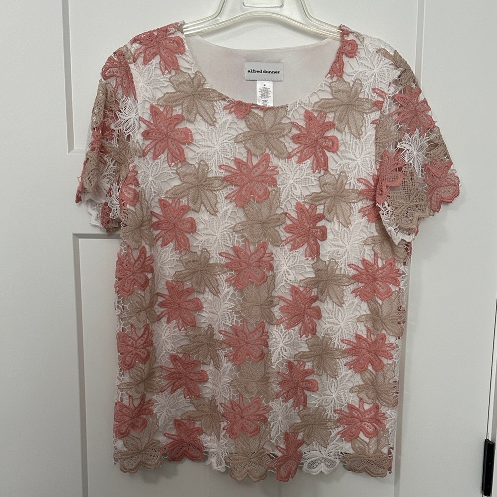 Alfred Dunner Women's Floral Lace Blouse - Coral and Beige